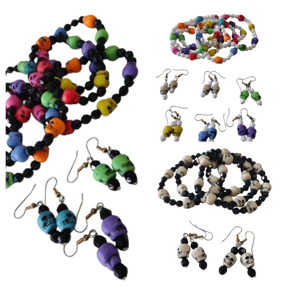 Handmade Halloween Beads & Skulls Stretch Bracelets, Earring Sets 39 Party Favor - Picture 1 of 10